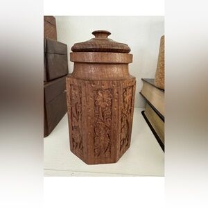 Wood Carved Octagon Shape Tea Canister Jar w Lid 6.5” Made in India Florals